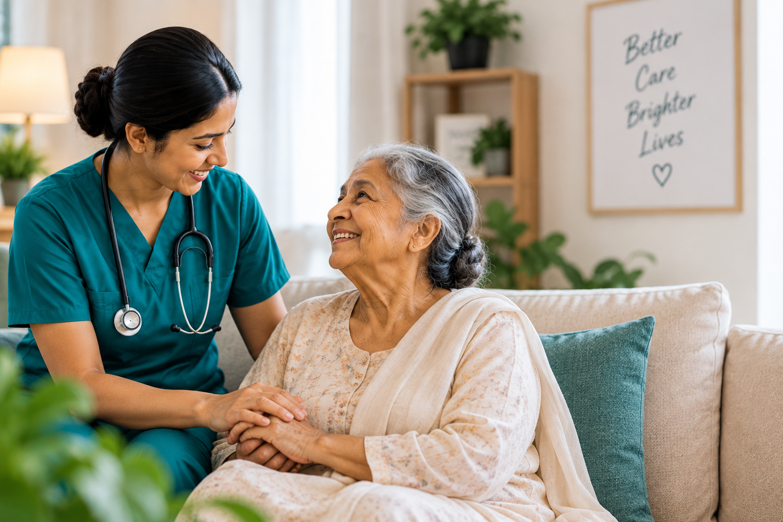 Professional nurse providing compassionate home care to an elderly patient